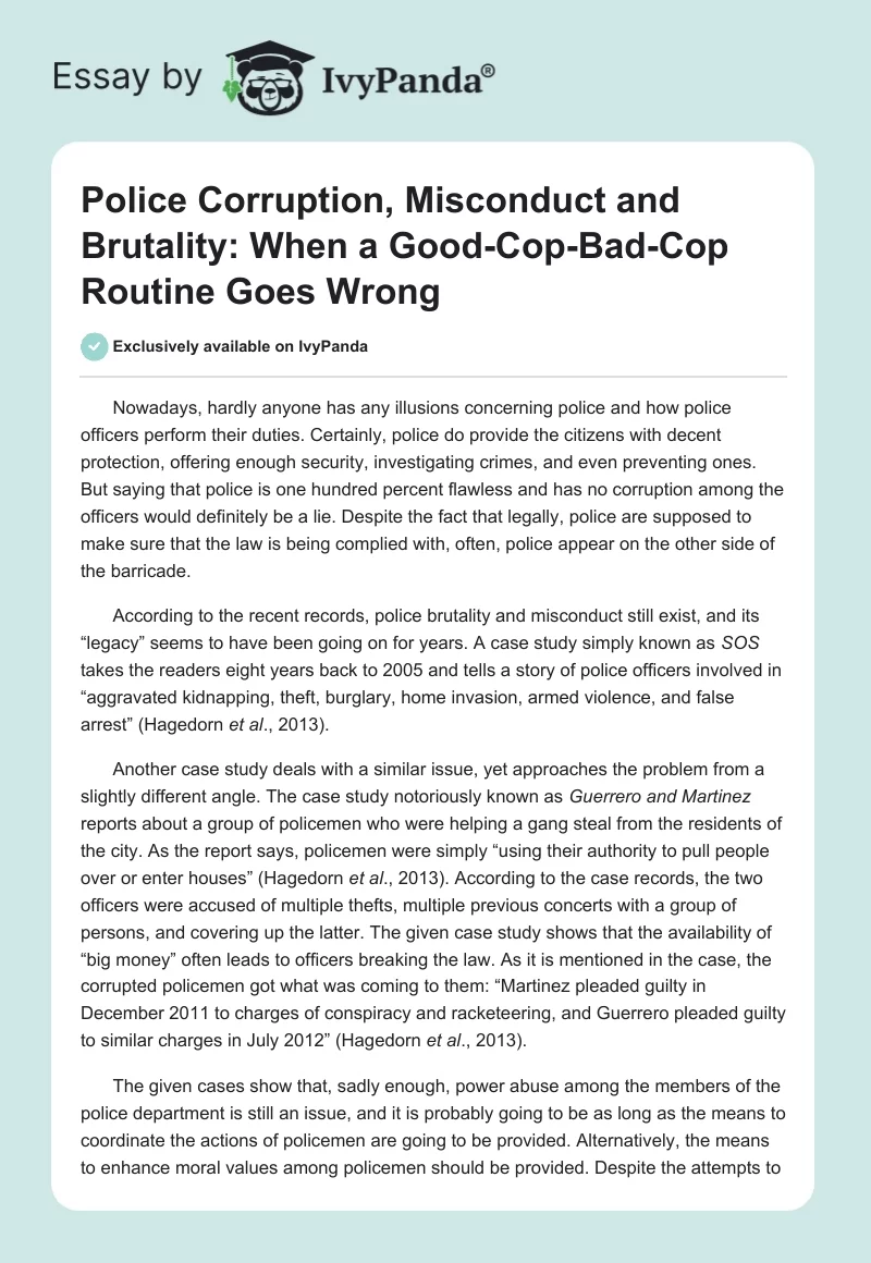 Police Corruption, Misconduct and Brutality - 557 Words | Essay Example