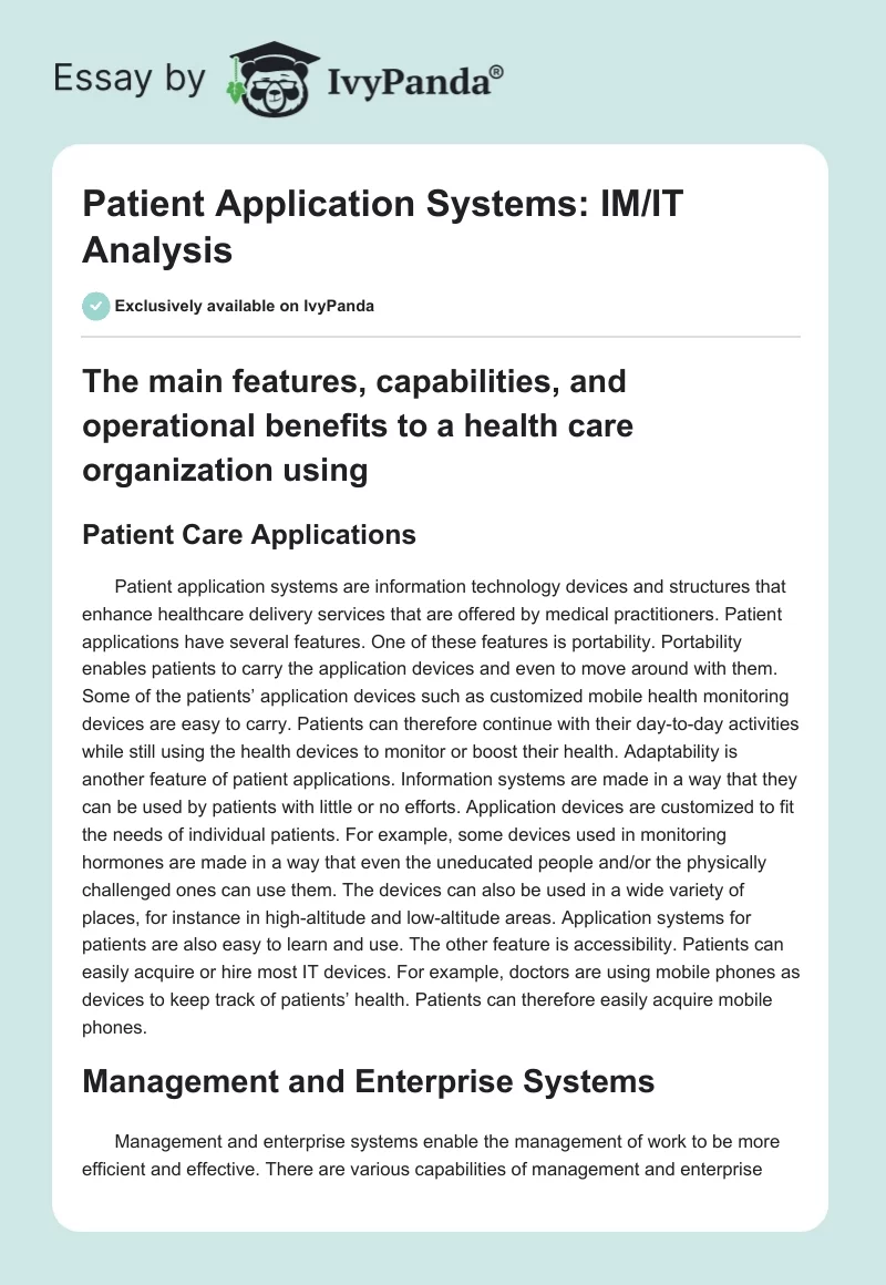 Patient Application Systems: IM/IT Analysis. Page 1
