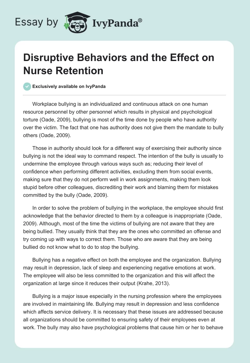 Disruptive Behaviors and the Effect on Nurse Retention. Page 1