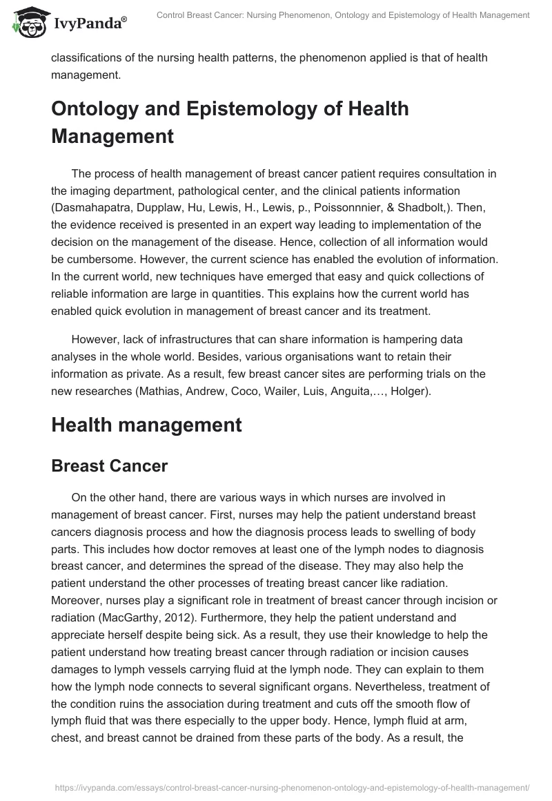 Control Breast Cancer: Nursing Phenomenon, Ontology and Epistemology of Health Management. Page 2