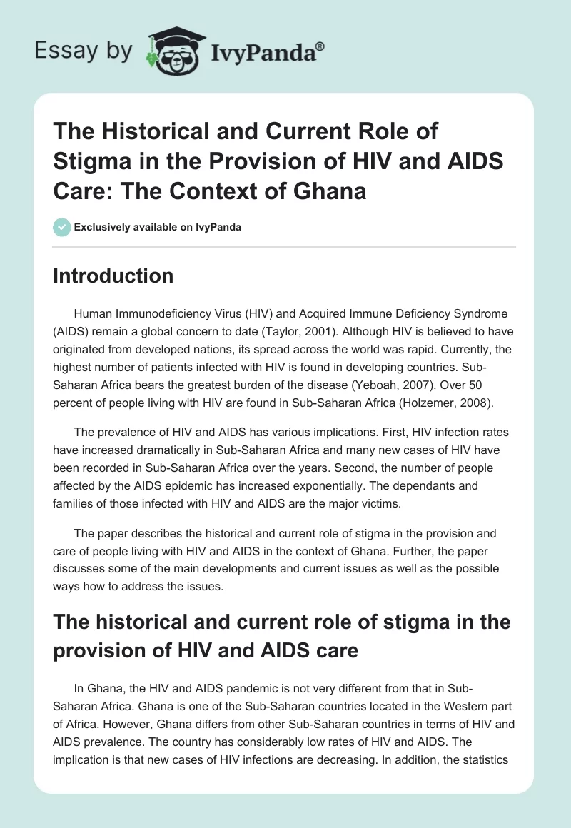 The Historical and Current Role of Stigma in the Provision of HIV and AIDS Care: The Context of Ghana. Page 1