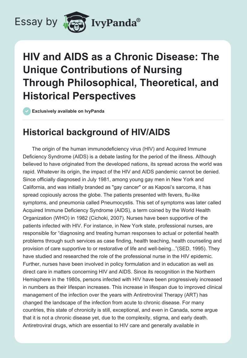 HIV and AIDS as a Chronic Disease: The Unique Contributions of Nursing Through Philosophical, Theoretical, and Historical Perspectives. Page 1
