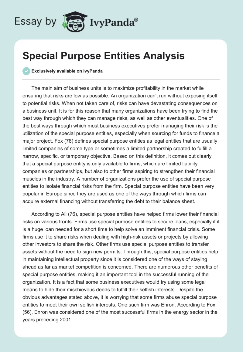 Special Purpose Entities Analysis. Page 1