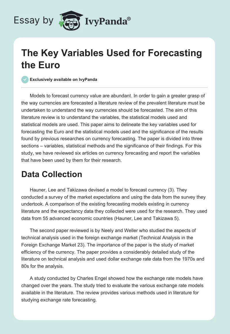 The Key Variables Used for Forecasting the Euro. Page 1