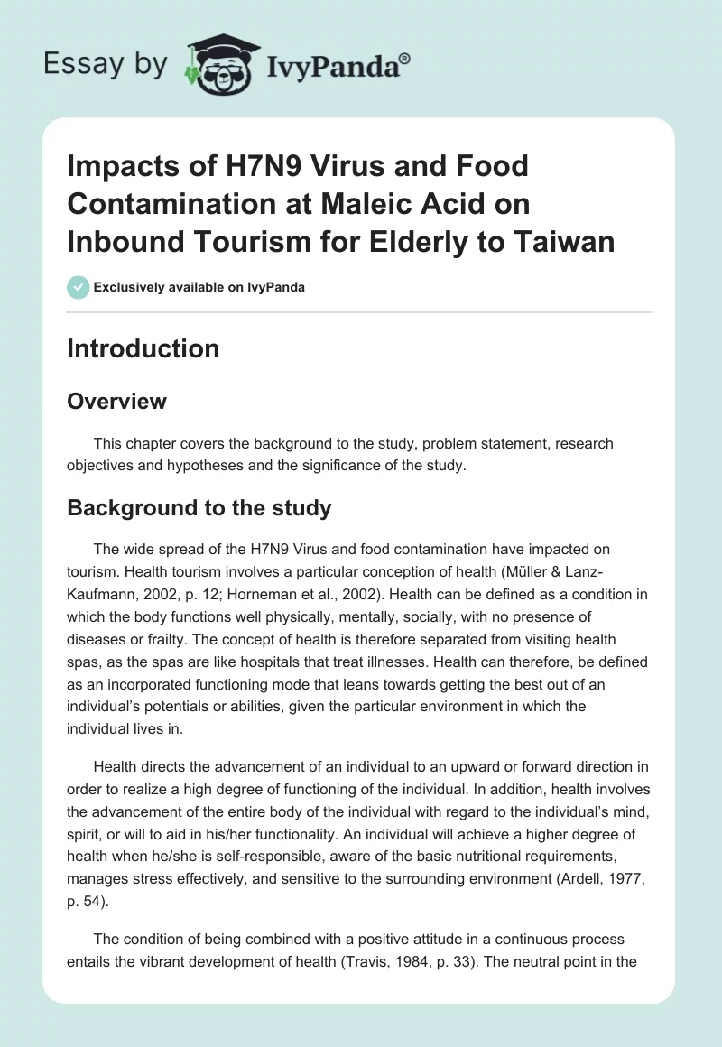 Impacts of H7N9 Virus and Food Contamination at Maleic Acid on Inbound Tourism for Elderly to Taiwan. Page 1