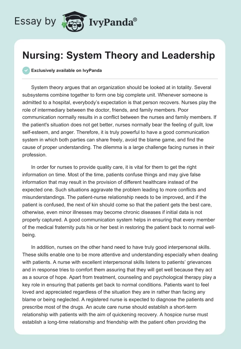 Nursing: System Theory and Leadership. Page 1