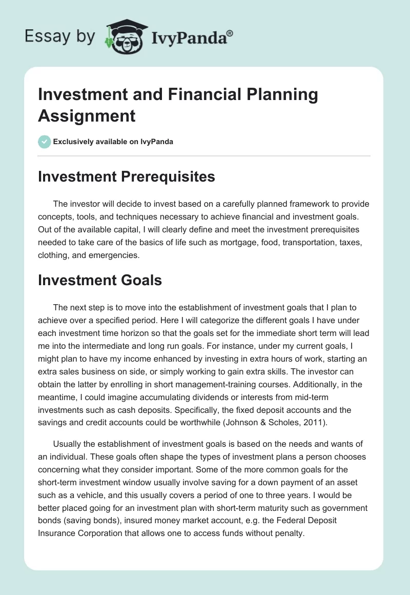 Investment and Financial Planning Assignment. Page 1