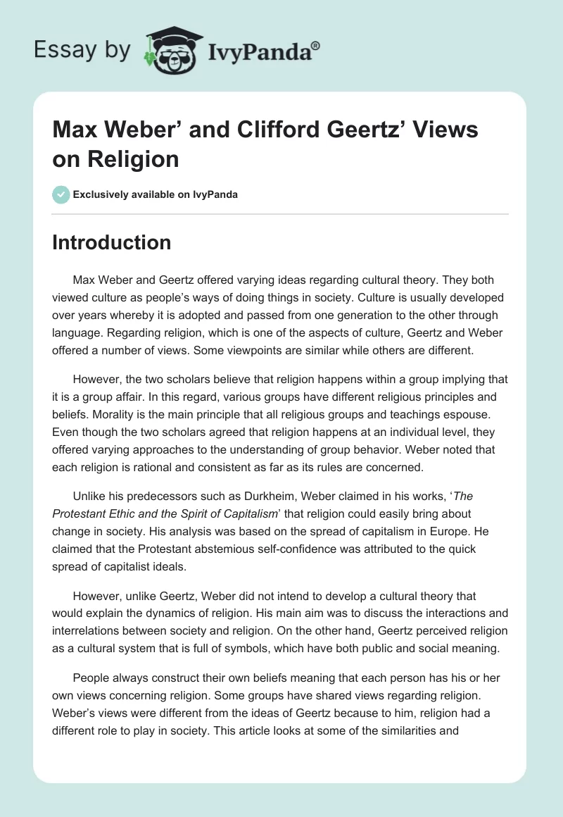 Max Weber’ and Clifford Geertz’ Views on Religion. Page 1