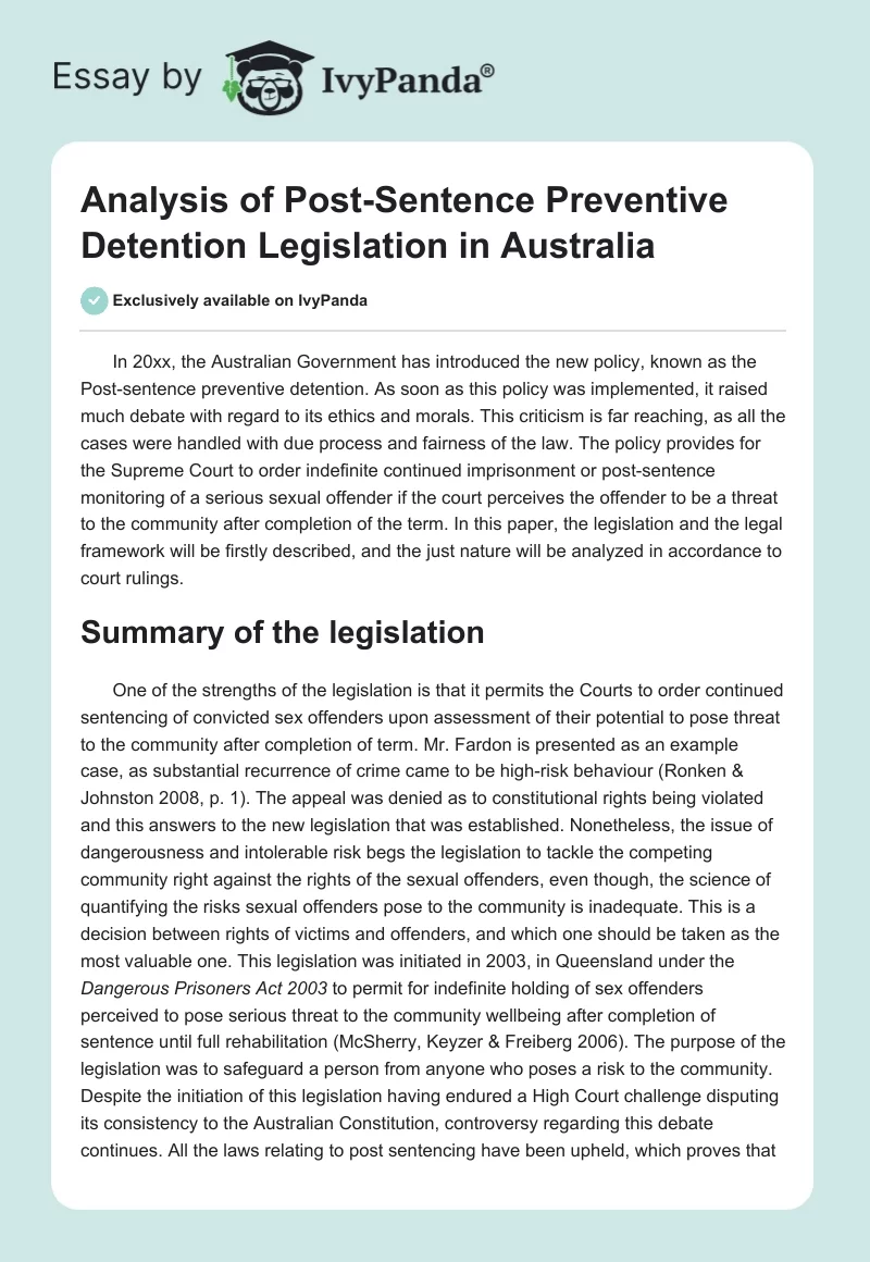 Analysis of Post-Sentence Preventive Detention Legislation in Australia. Page 1