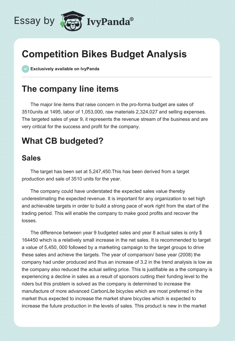 Competition Bikes Budget Analysis. Page 1