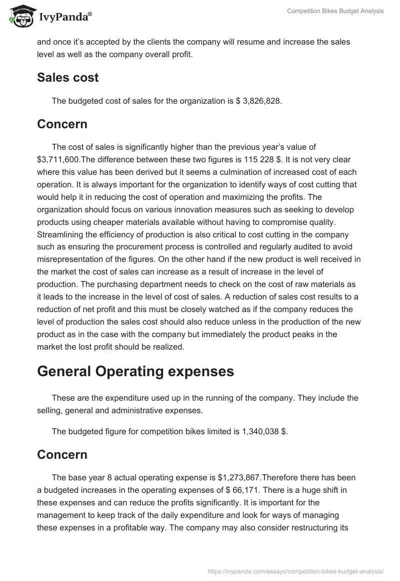 Competition Bikes Budget Analysis. Page 2
