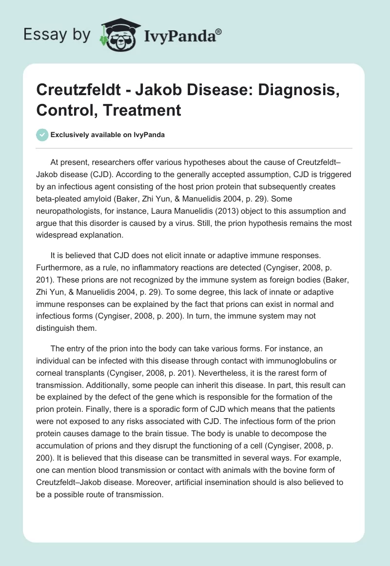 Creutzfeldt - Jakob Disease: Diagnosis, Control, Treatment. Page 1