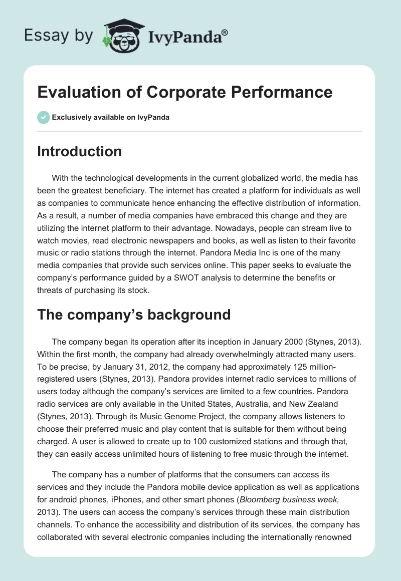 Evaluation of Corporate Performance. Page 1
