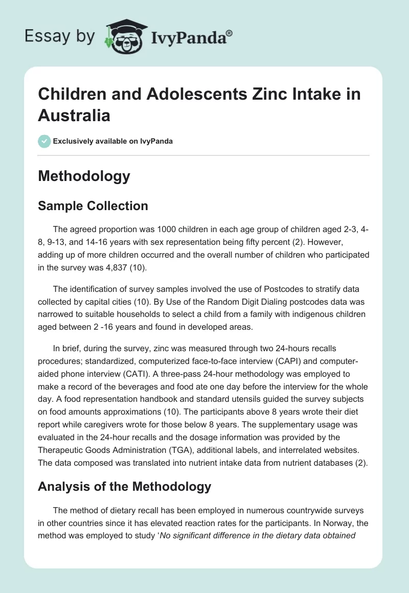 Children and Adolescents Zinc Intake in Australia. Page 1