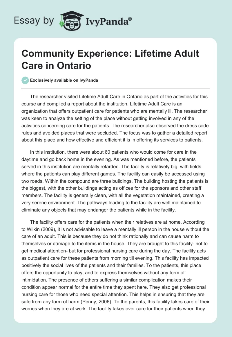 Community Experience: Lifetime Adult Care in Ontario. Page 1