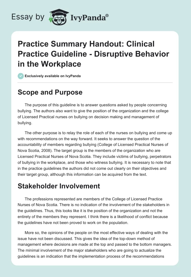 Practice Summary Handout: Clinical Practice Guideline - Disruptive Behavior in the Workplace. Page 1