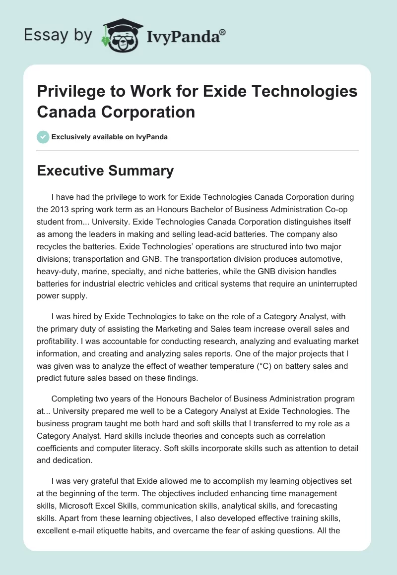 Privilege to Work for Exide Technologies Canada Corporation. Page 1