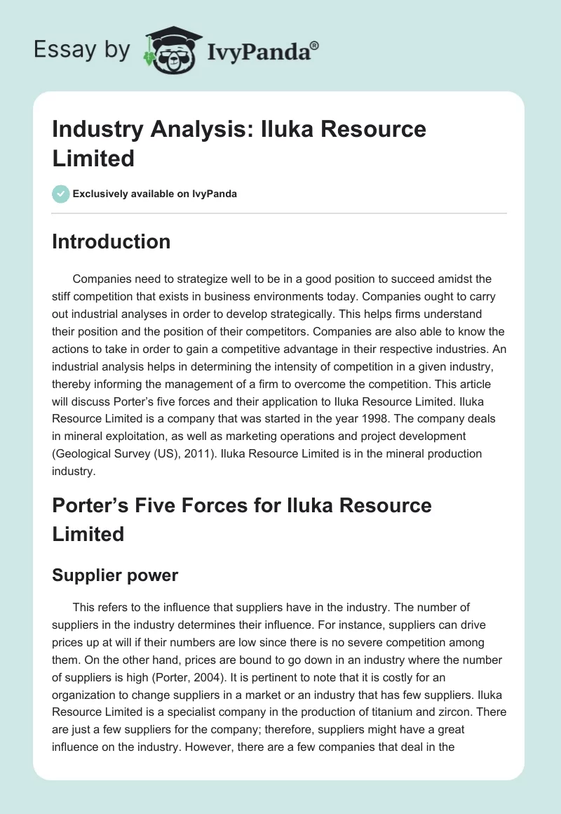 Industry Analysis: Iluka Resource Limited. Page 1