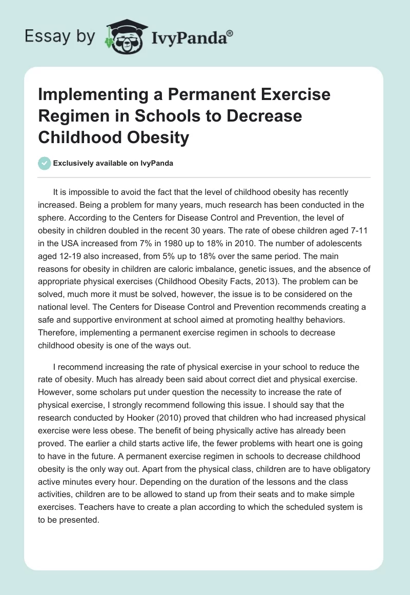 Implementing a Permanent Exercise Regimen in Schools to Decrease Childhood Obesity. Page 1