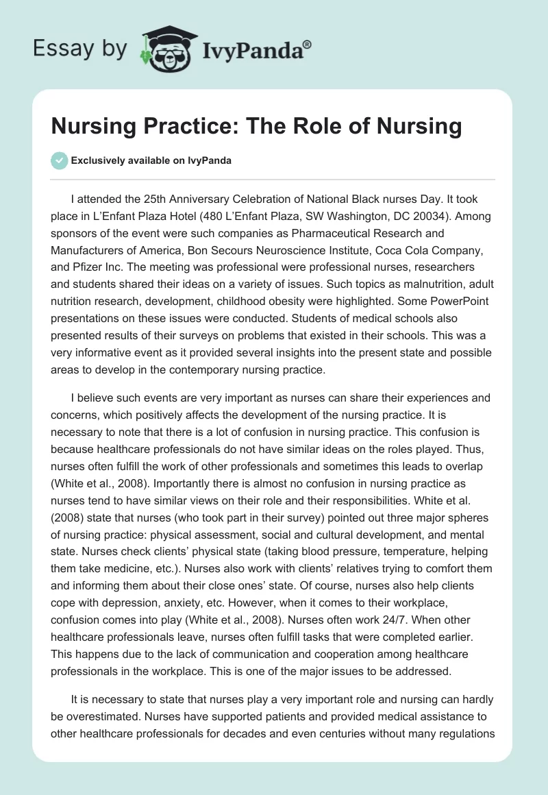 Nursing Practice: The Role of Nursing. Page 1