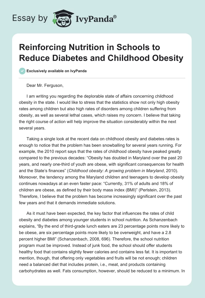 Reinforcing Nutrition in Schools to Reduce Diabetes and Childhood Obesity. Page 1