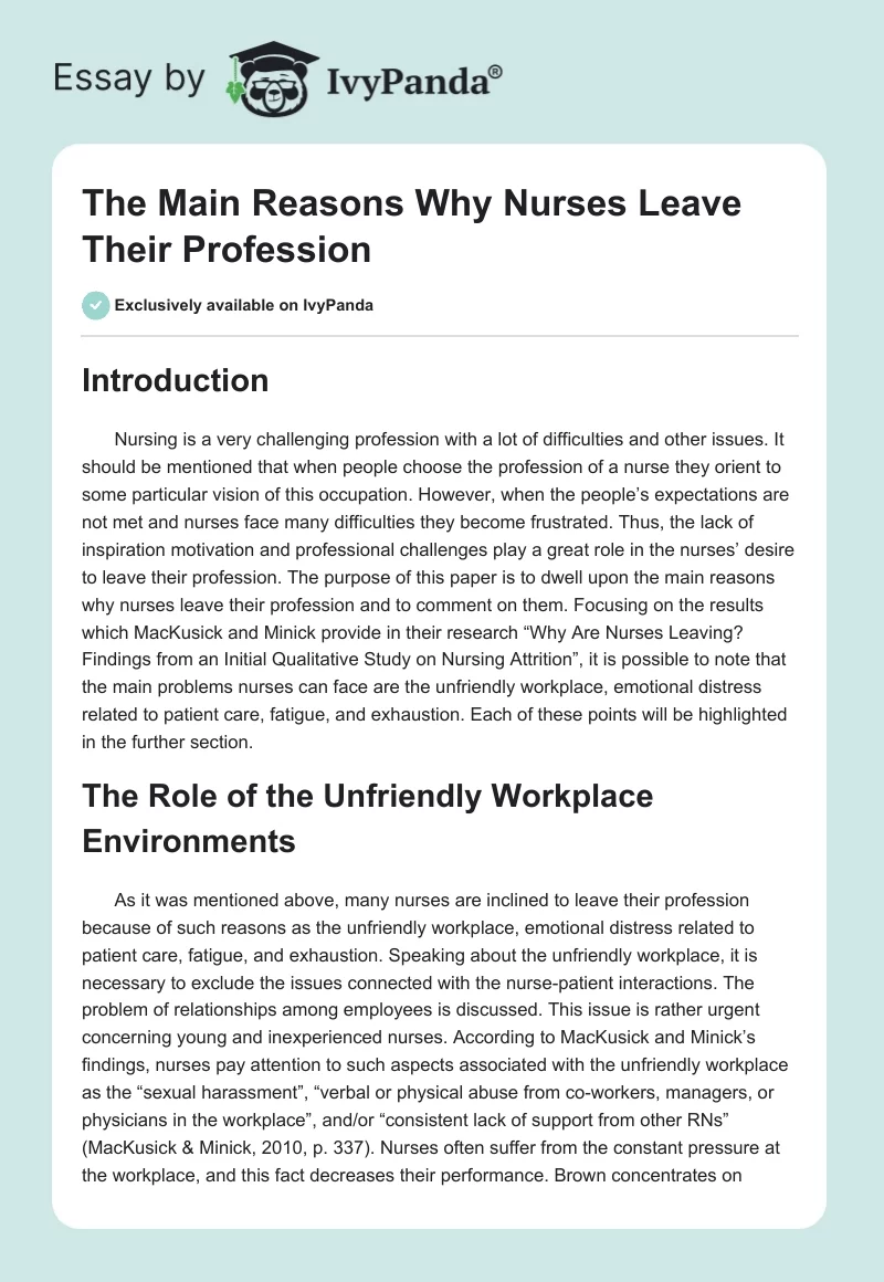 The Main Reasons Why Nurses Leave Their Profession. Page 1