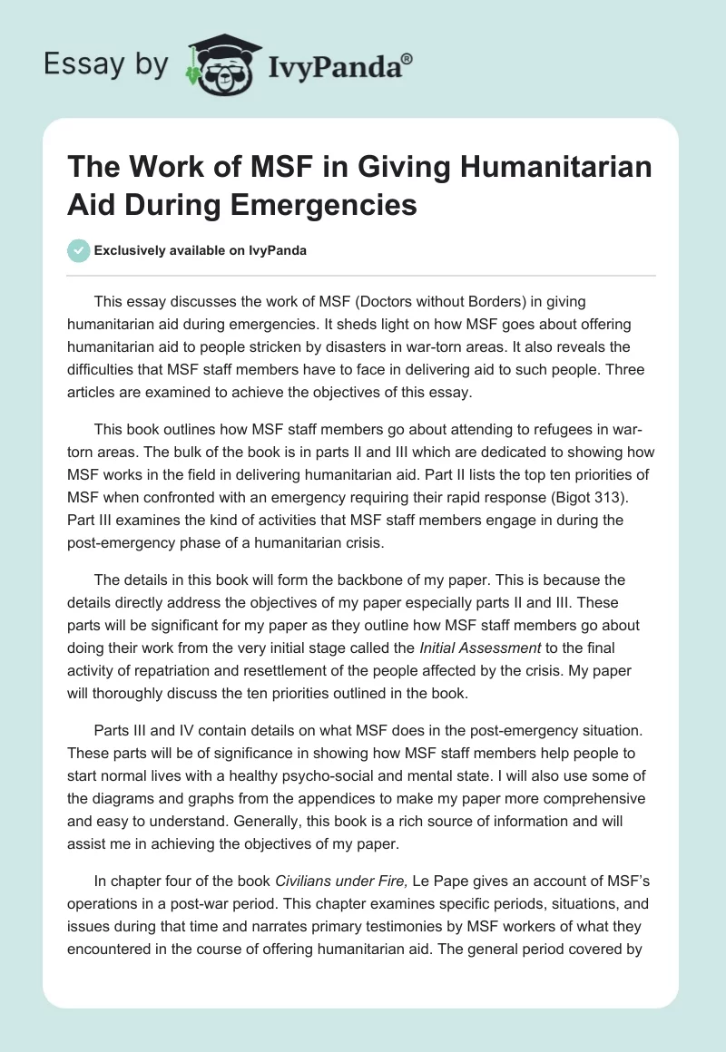 The Work of MSF in Giving Humanitarian Aid During Emergencies. Page 1