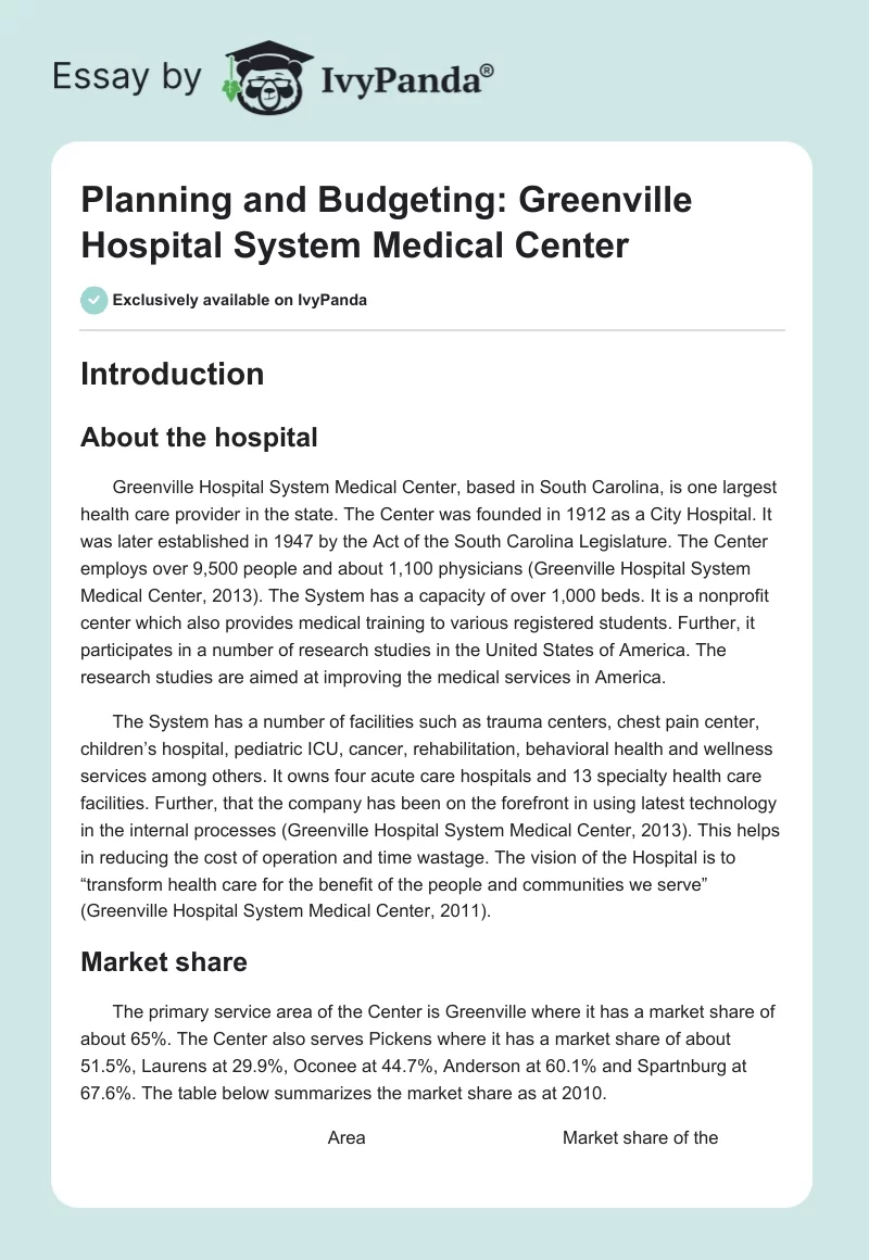 Planning and Budgeting: Greenville Hospital System Medical Center. Page 1