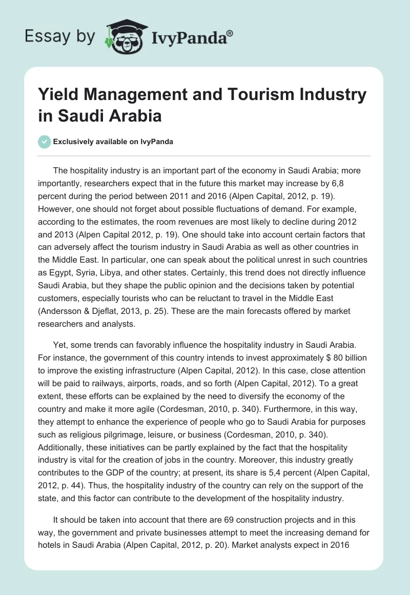 Yield Management and Tourism Industry in Saudi Arabia. Page 1