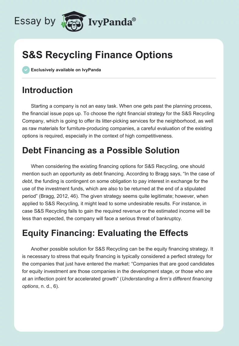 S&S Recycling Finance Options. Page 1