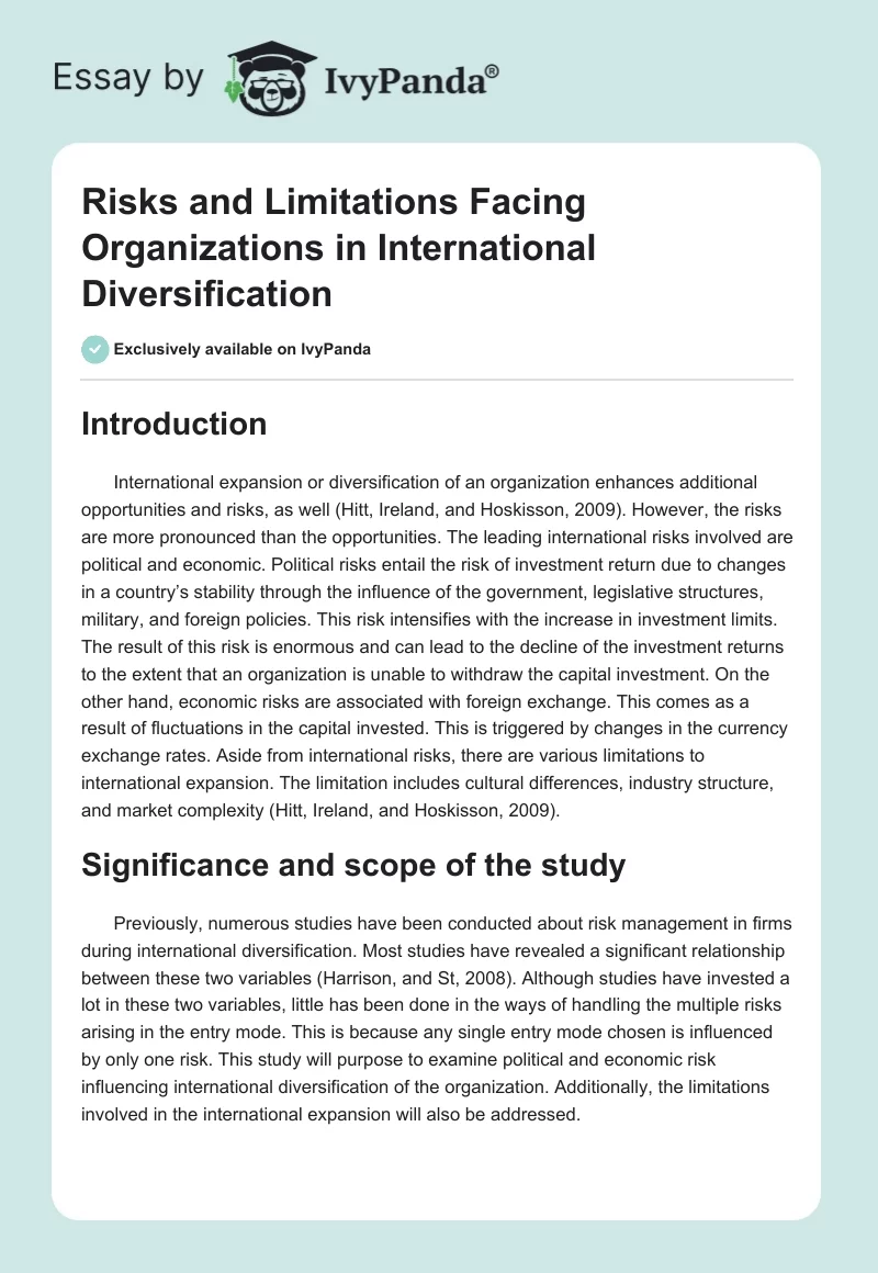 Risks and Limitations Facing Organizations in International Diversification. Page 1
