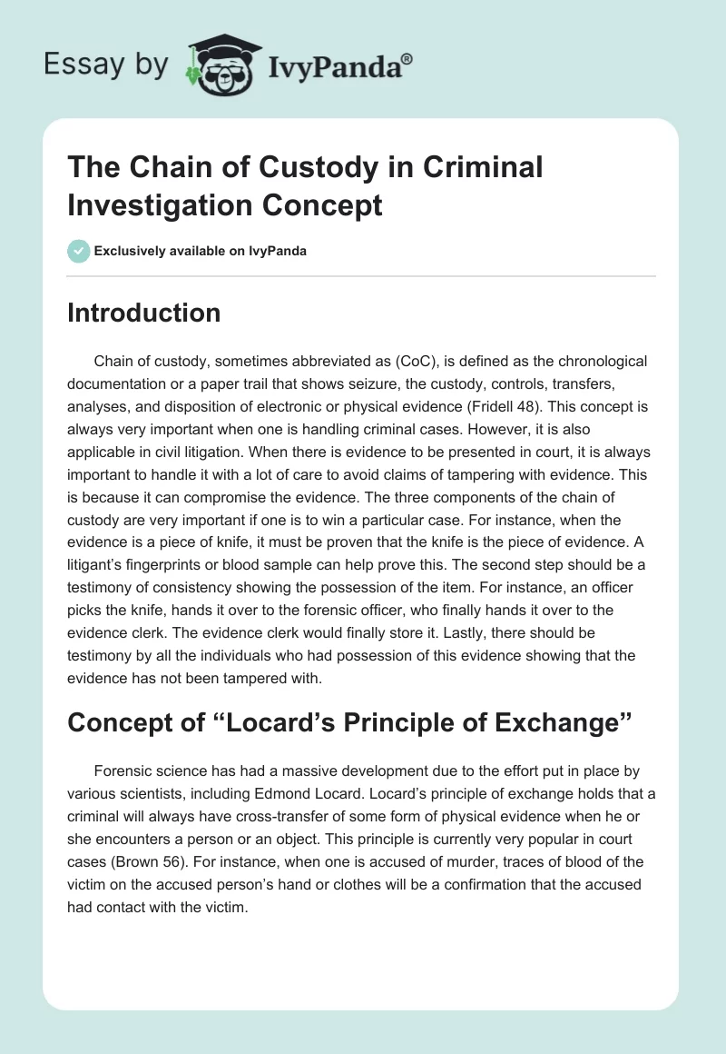 The Chain of Custody in Criminal Investigation Concept. Page 1