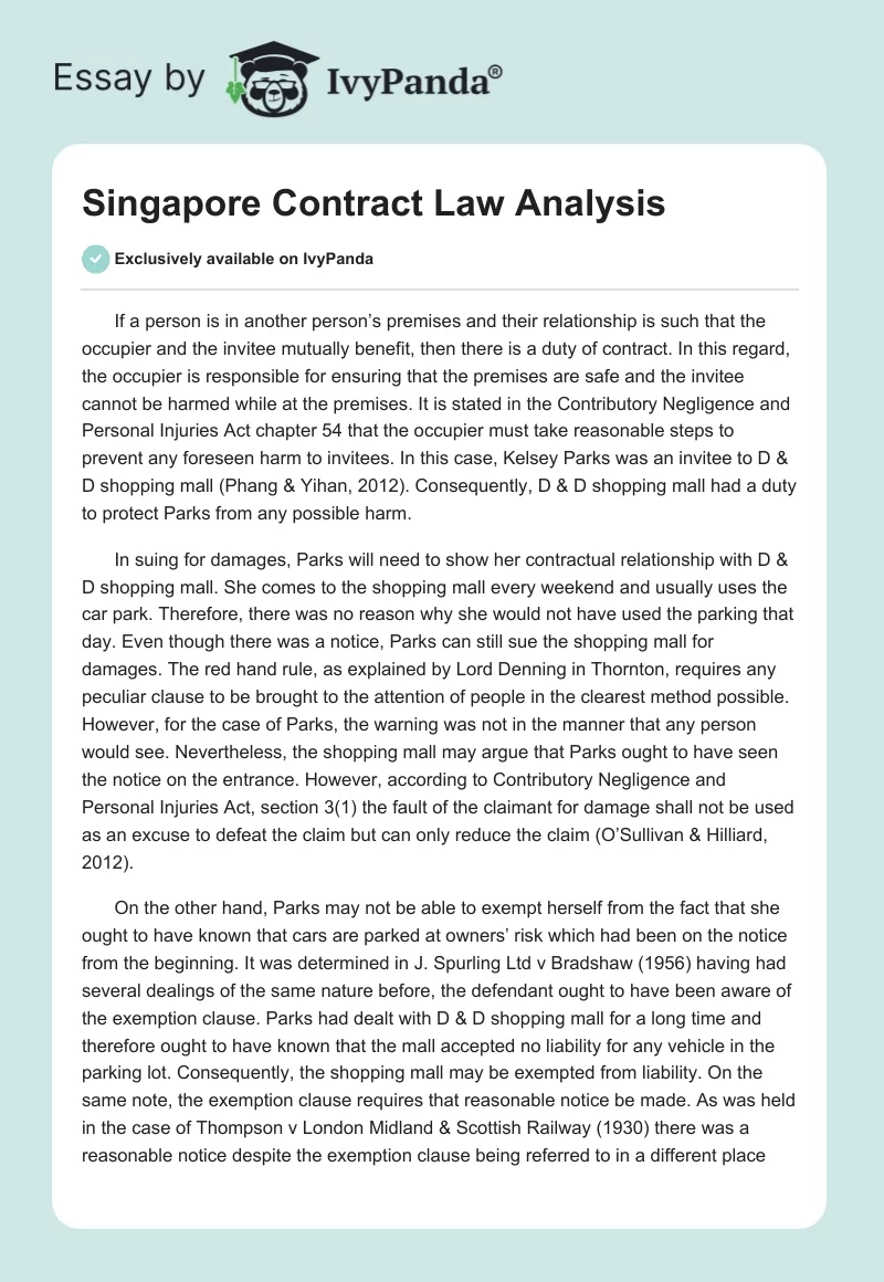 Singapore Contract Law Analysis. Page 1