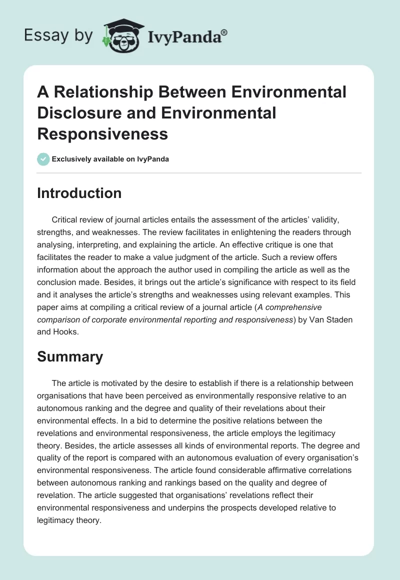 A Relationship Between Environmental Disclosure and Environmental Responsiveness. Page 1