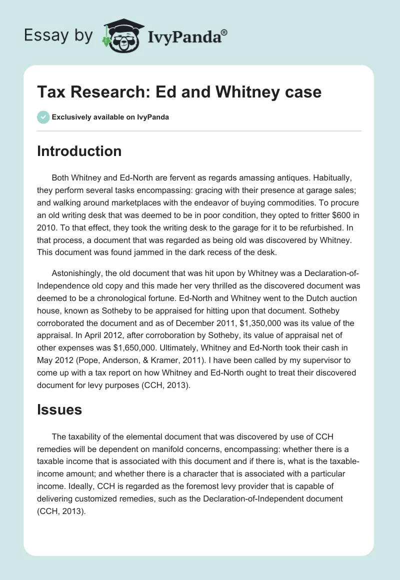 Tax Research: Ed and Whitney case. Page 1