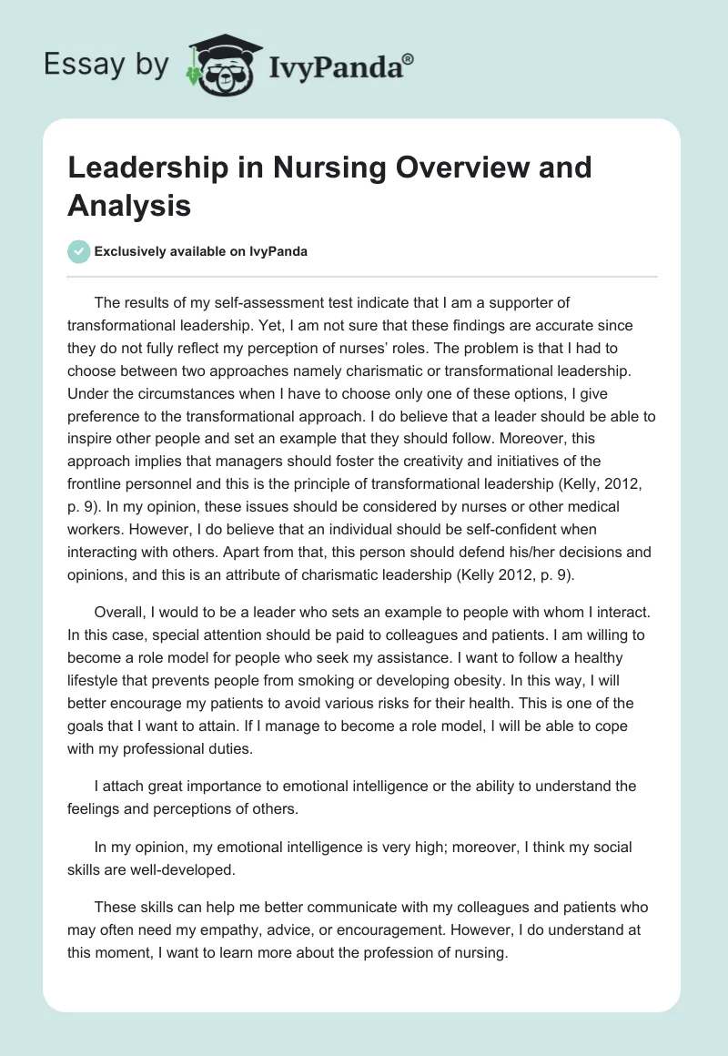 Leadership in Nursing Overview and Analysis. Page 1