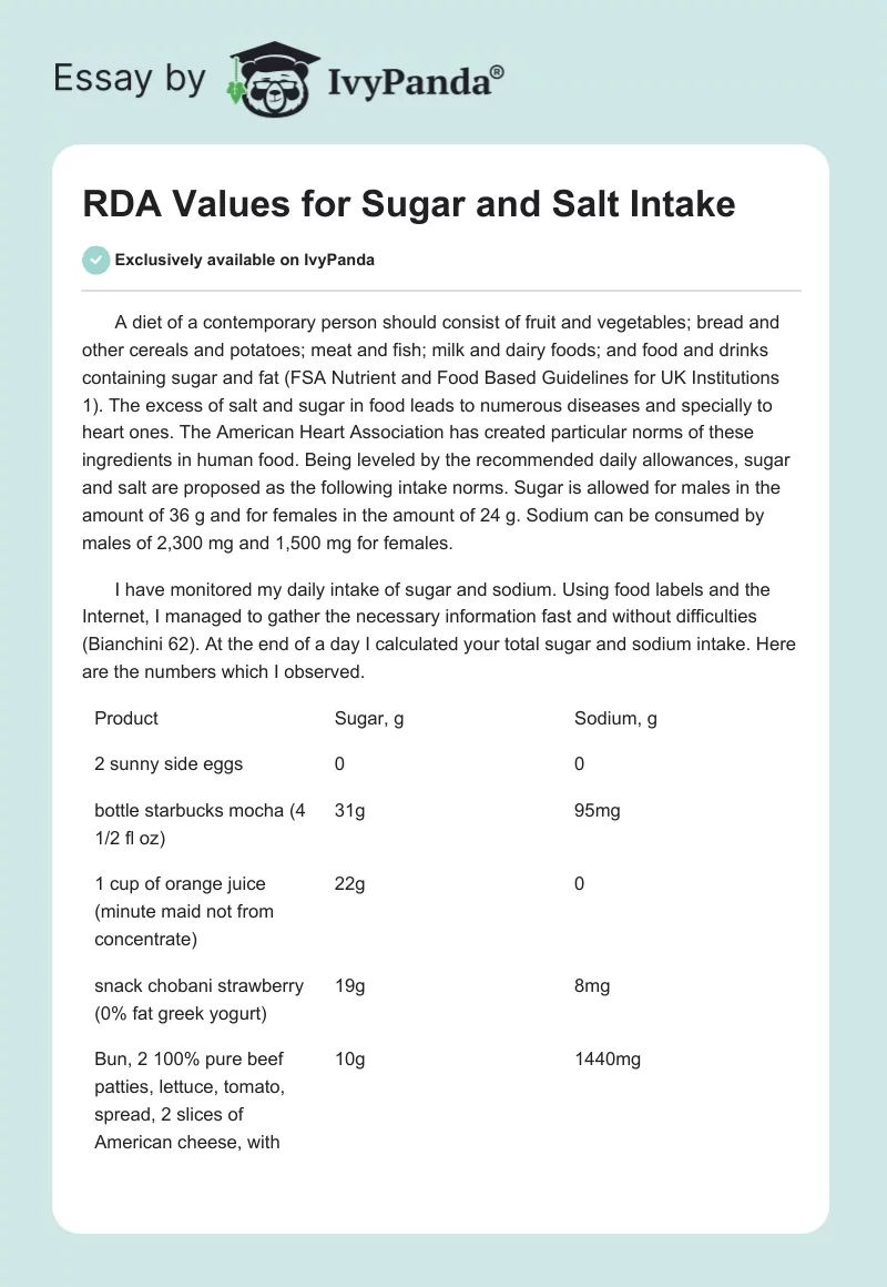 RDA Values for Sugar and Salt Intake. Page 1