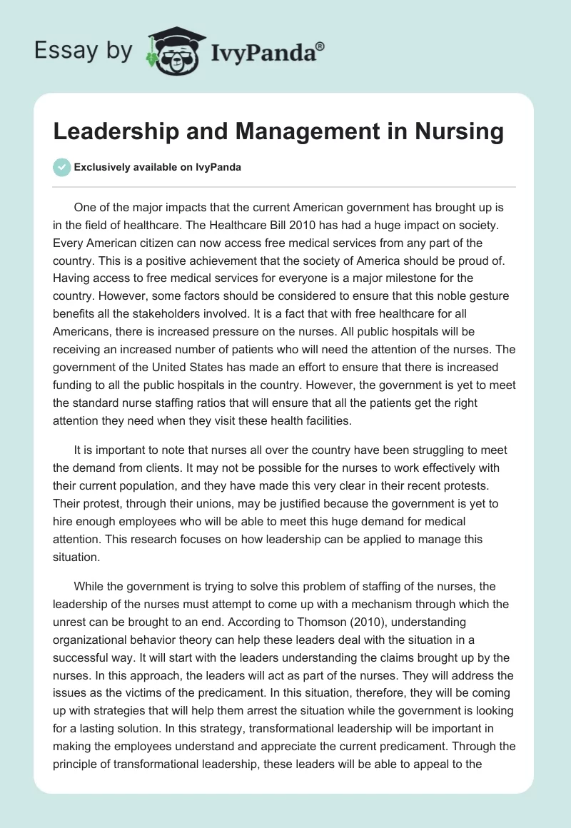 Leadership and Management in Nursing. Page 1