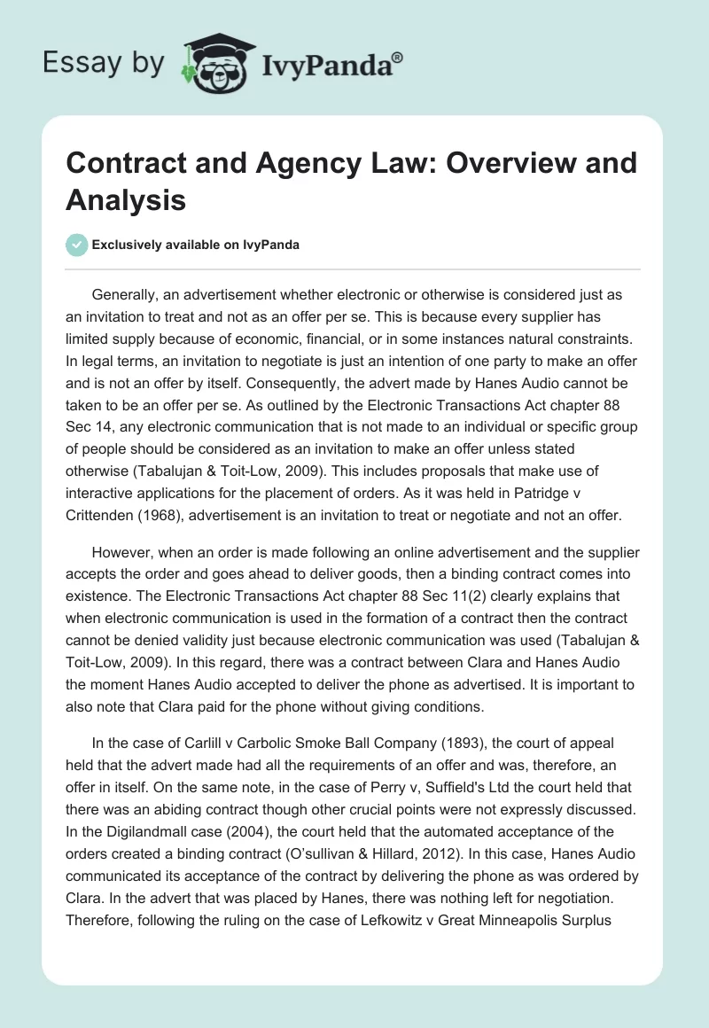Contract and Agency Law: Overview and Analysis. Page 1