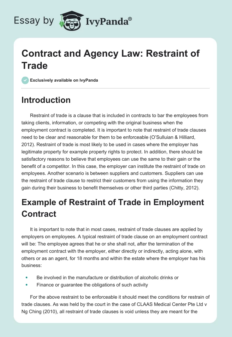 Contract and Agency Law: Restraint of Trade. Page 1