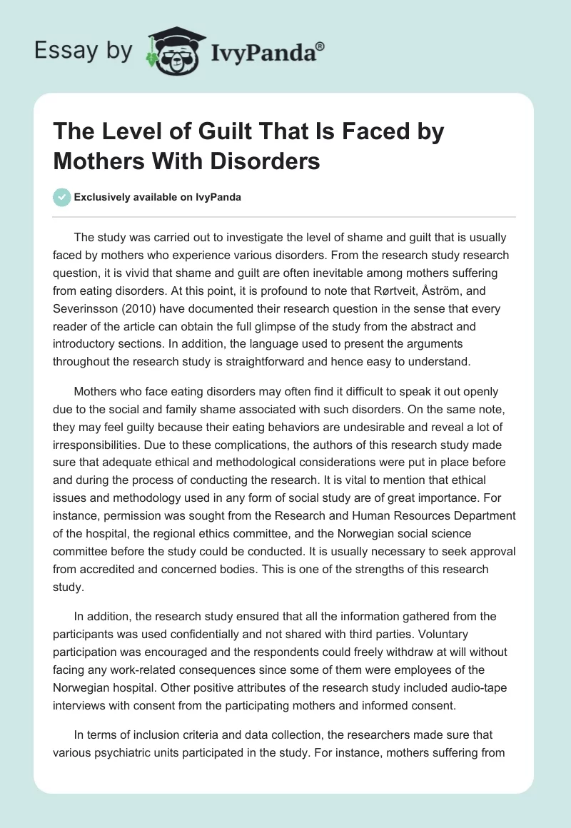 The Level of Guilt That Is Faced by Mothers With Disorders. Page 1