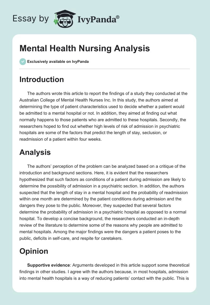 Mental Health Nursing Analysis. Page 1