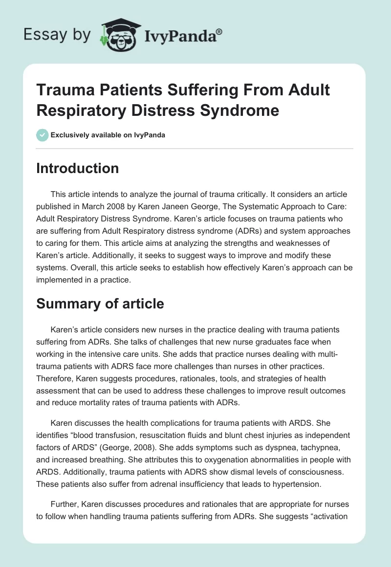 Trauma Patients Suffering From Adult Respiratory Distress Syndrome. Page 1