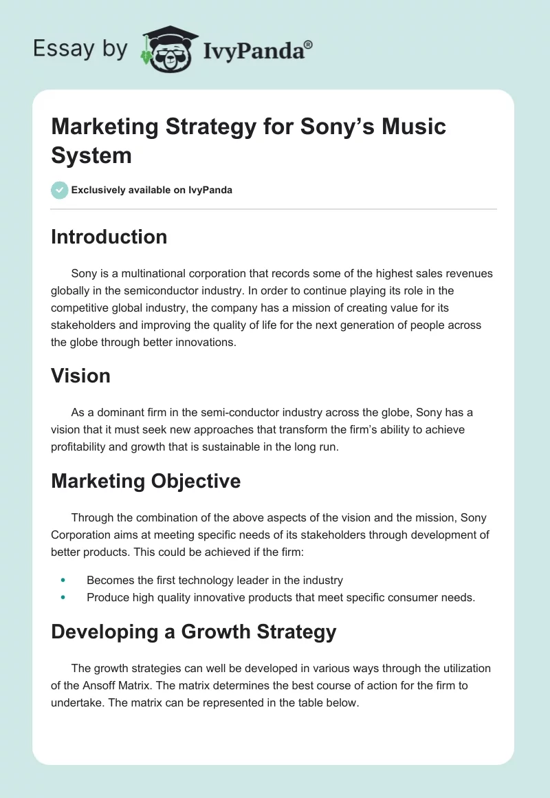 Marketing Strategy for Sony’s Music System. Page 1
