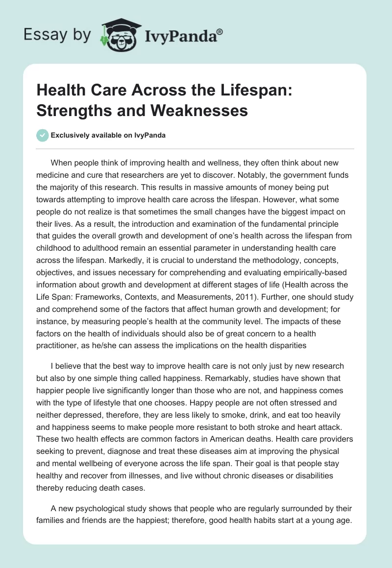 Health Care Across the Lifespan: Strengths and Weaknesses. Page 1
