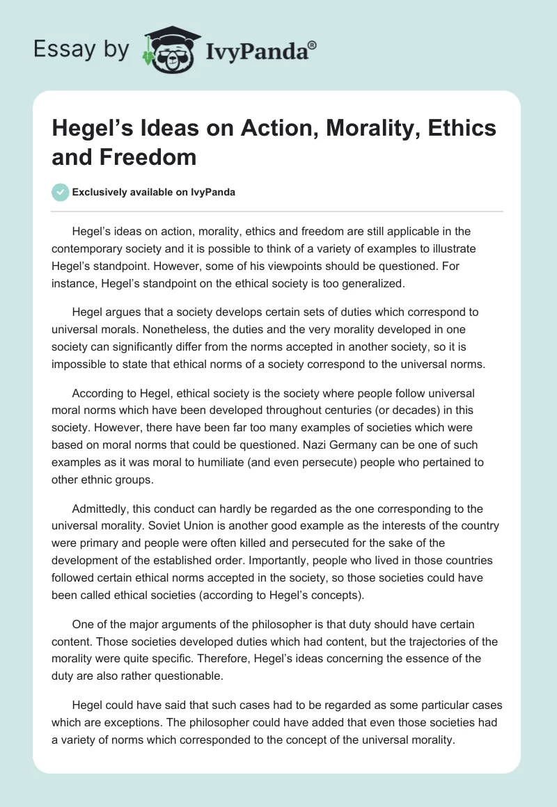 Hegel’s Ideas on Action, Morality, Ethics and Freedom. Page 1