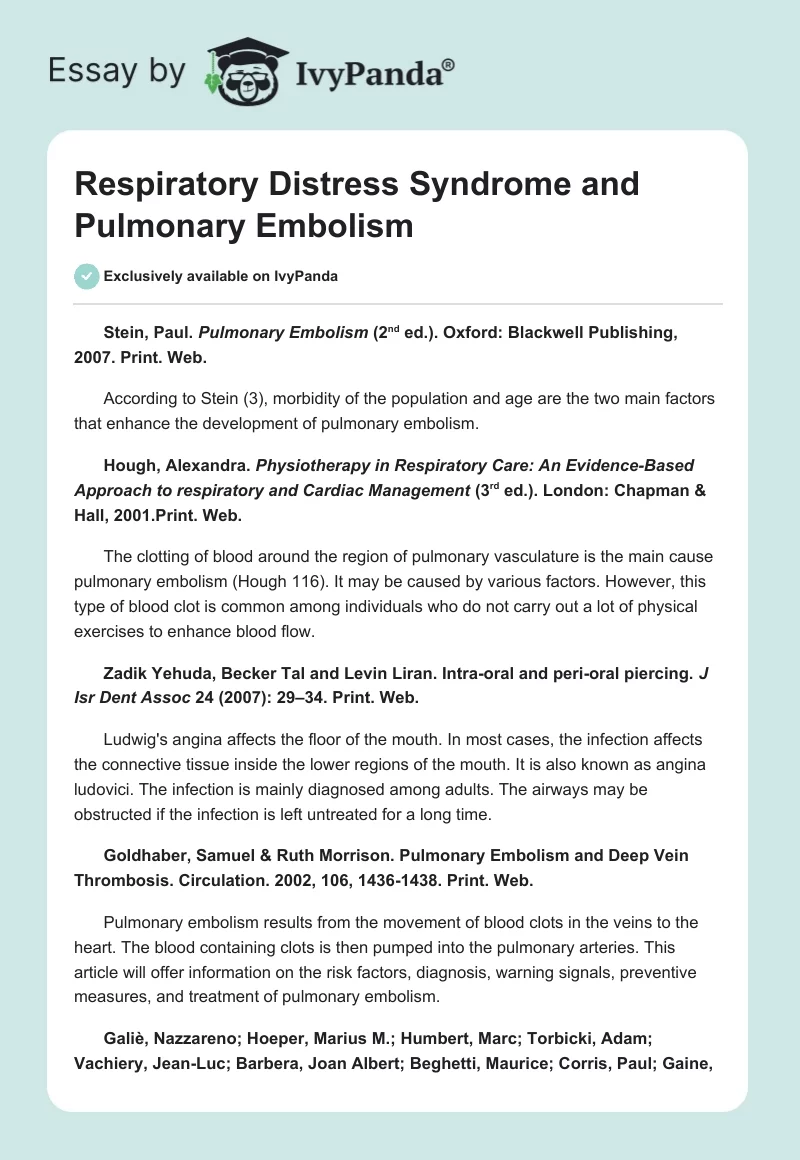 Respiratory Distress Syndrome and Pulmonary Embolism. Page 1