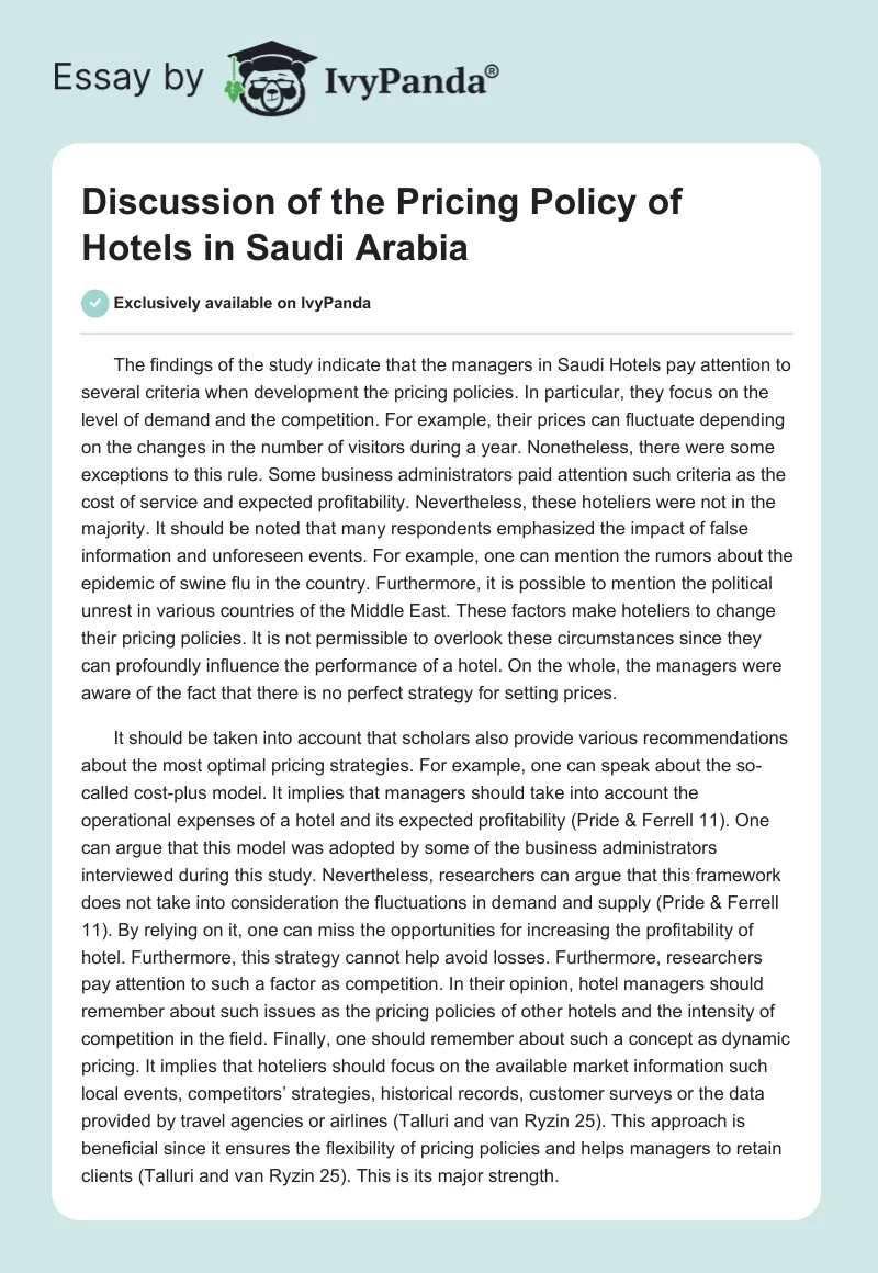 Discussion of the Pricing Policy of Hotels in Saudi Arabia. Page 1