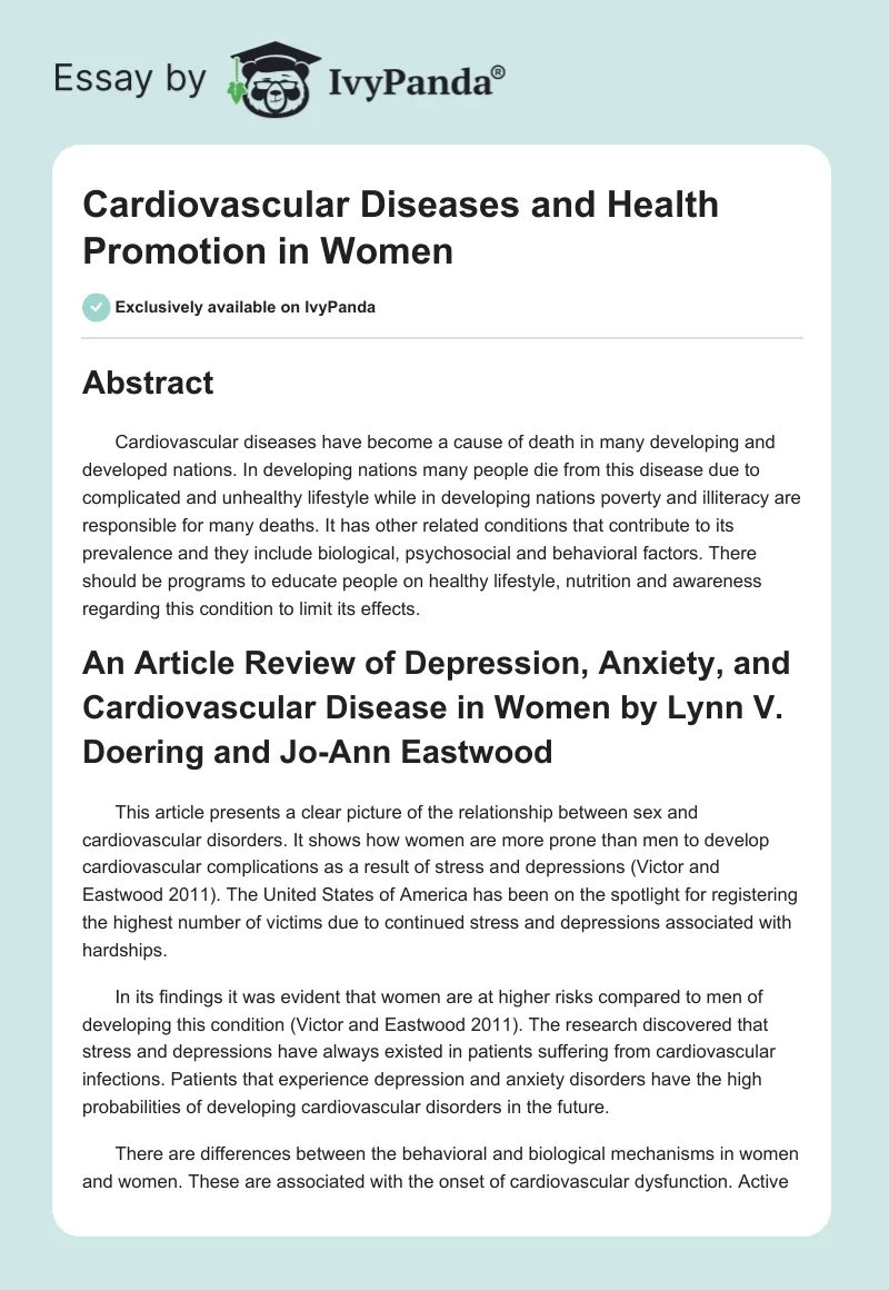 Cardiovascular Diseases and Health Promotion in Women. Page 1