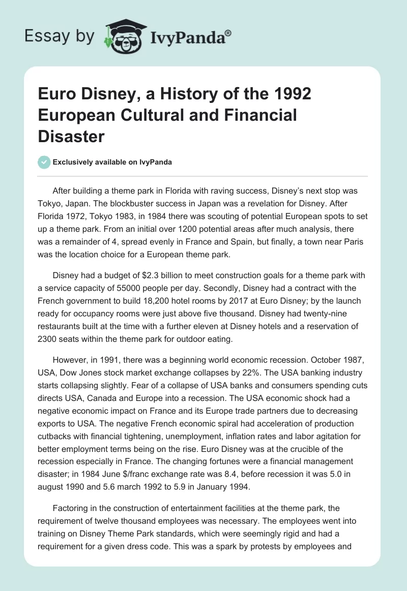 Euro Disney, a History of the 1992 European Cultural and Financial Disaster. Page 1